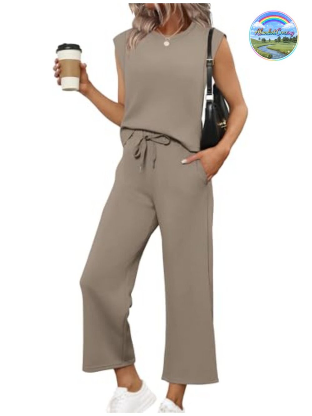 Two Piece Lounge Set Women Casual Travel Wide Leg Crop Pants Lightweight 4-Way